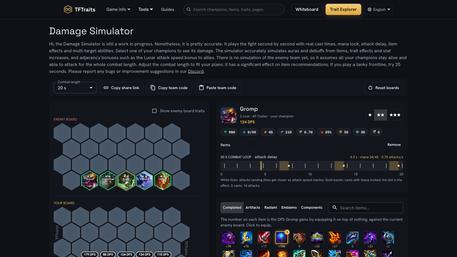 The DPS Calculator showing the strongest level 5 early game comp against a five-unit enemy board