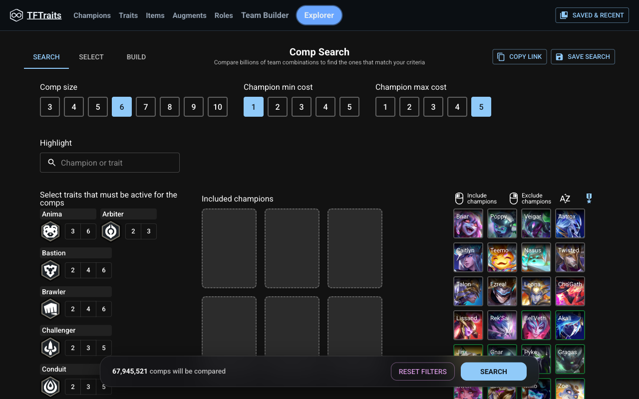 The Comp Search tab: set comp size, cost limits, required champions and traits, then run the search.